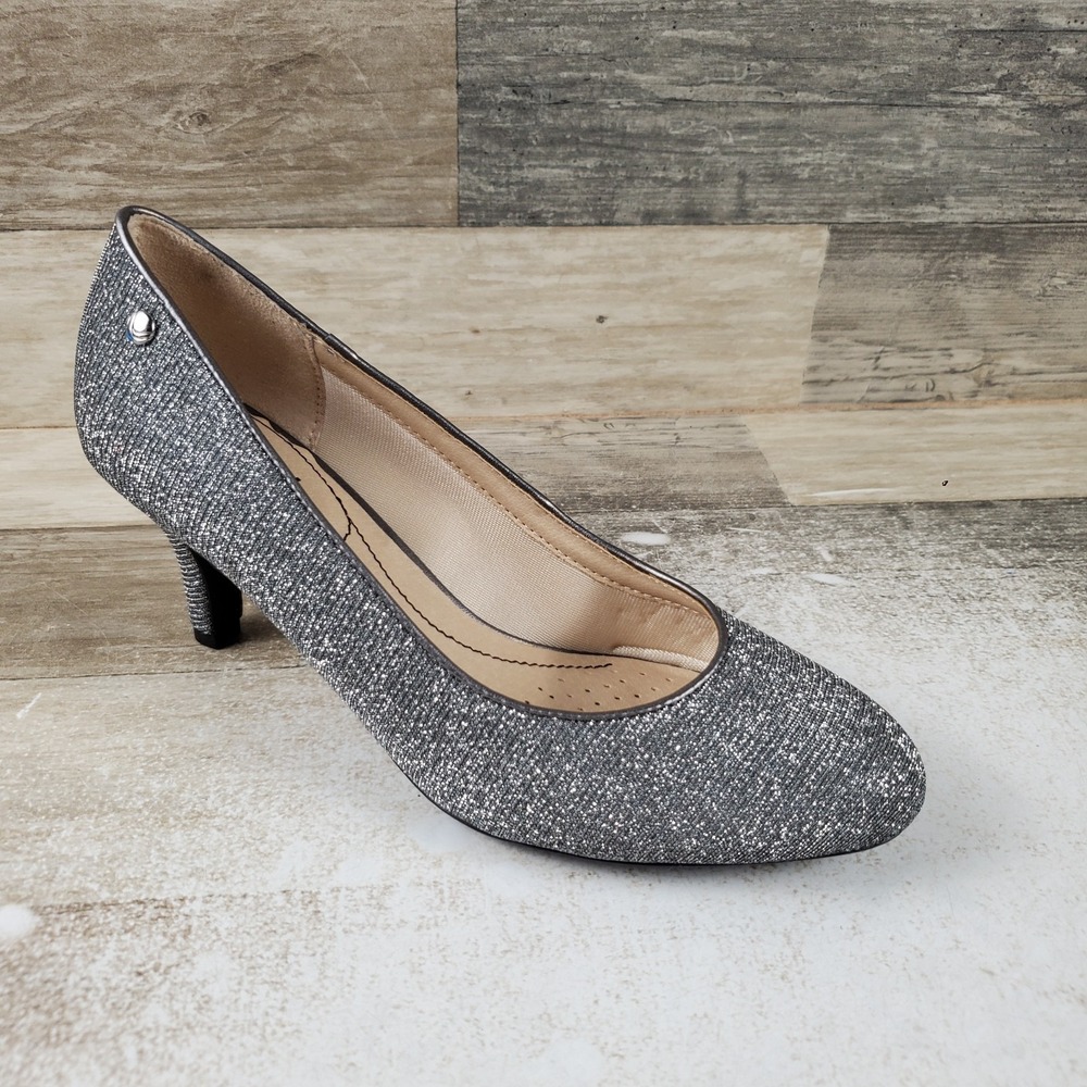 LifeStride Parigi Womens Pump Sz 7.5 Silver Pewter Slip On Round Toe Kitten Heel
